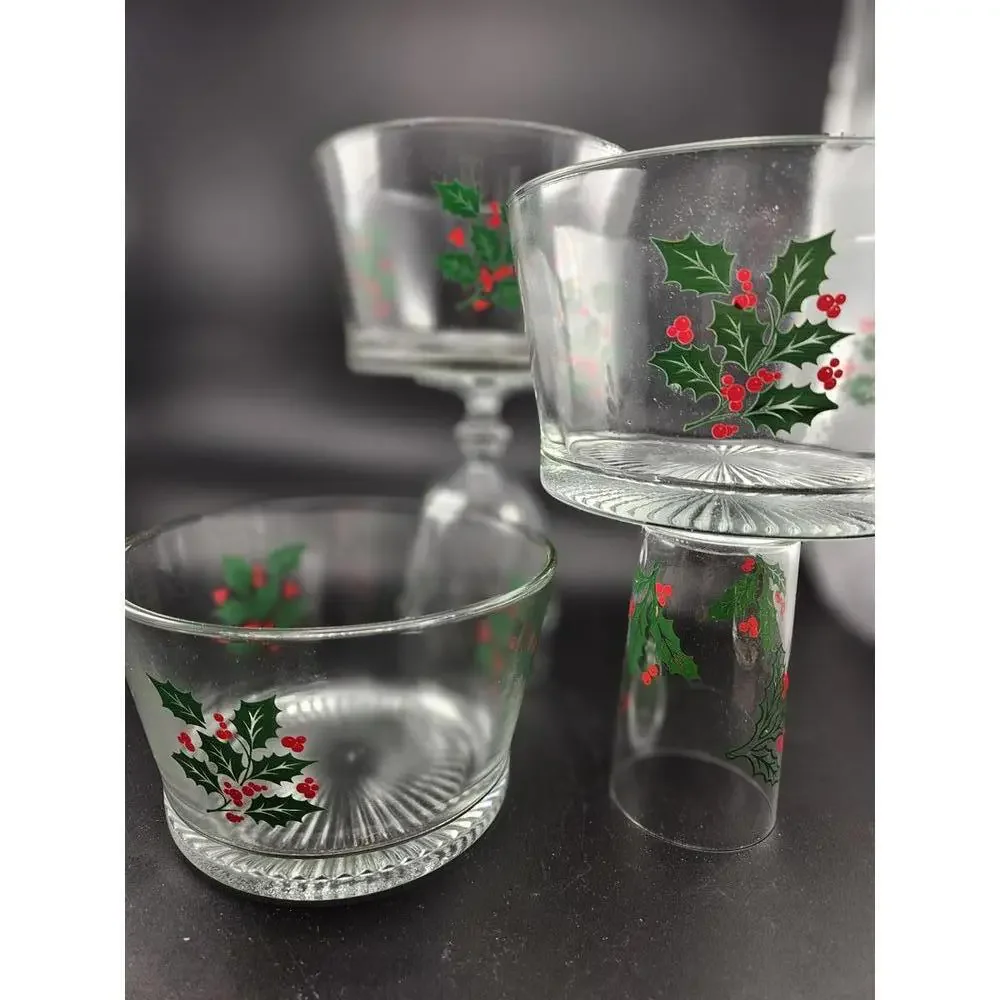 Vintage Starburst Holly & Berry Heavy Glass Serving/Trifle/Ice Bowl 3 Available